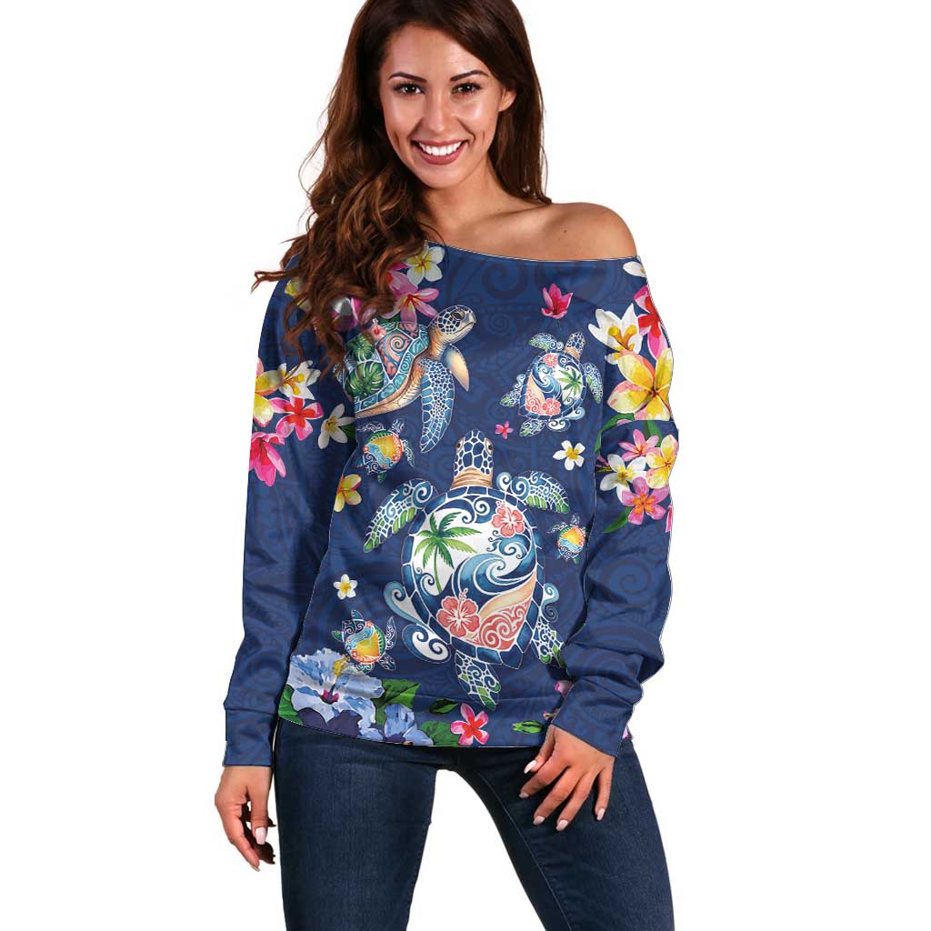 Hawaiian Turtles and Tropical Plants Off Shoulder Sweater Blue Watercolor LT03 Women Blue - Polynesian Pride