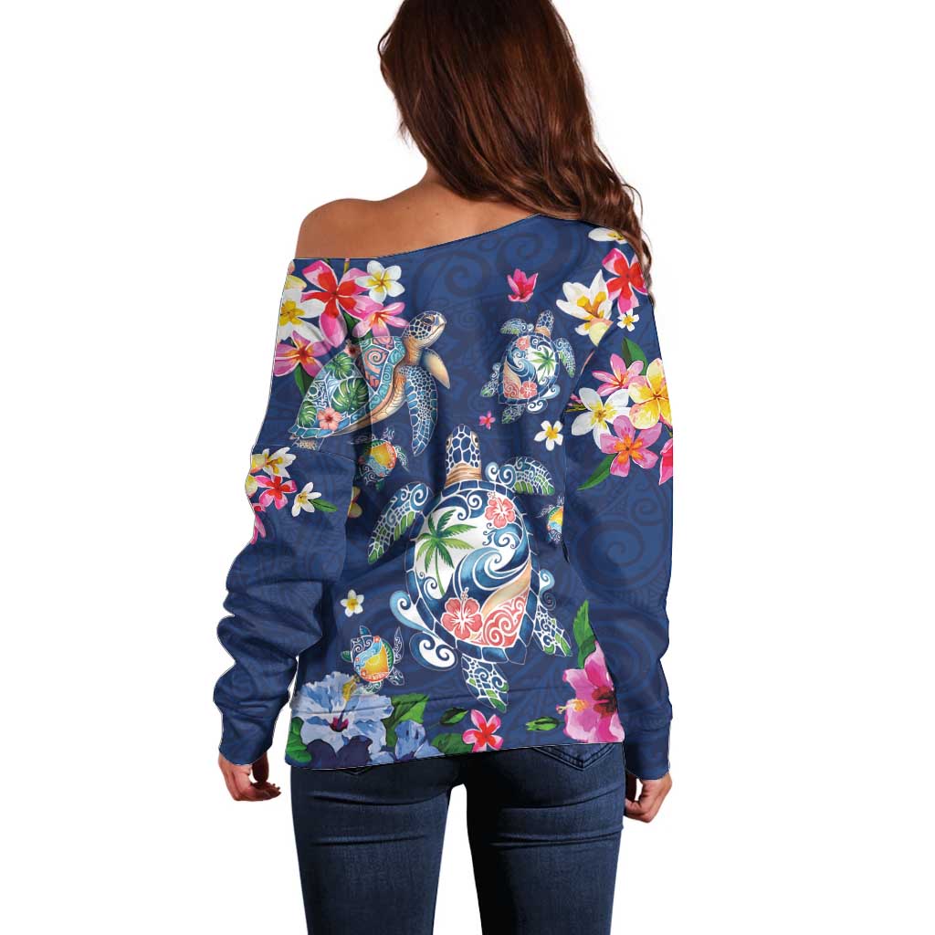 Hawaiian Turtles and Tropical Plants Off Shoulder Sweater Blue Watercolor LT03 - Polynesian Pride