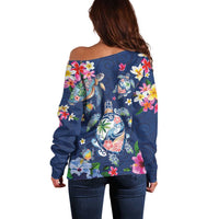 Hawaiian Turtles and Tropical Plants Off Shoulder Sweater Blue Watercolor LT03 - Polynesian Pride