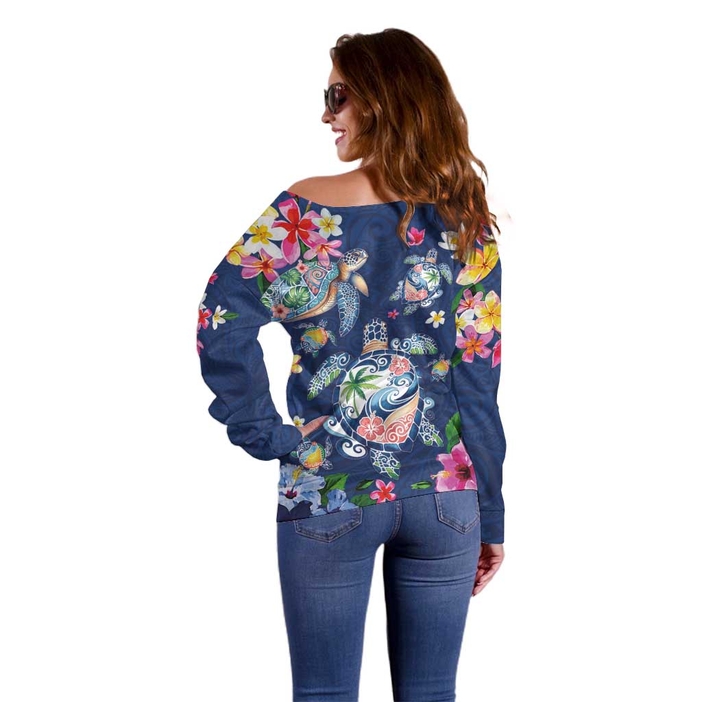 Hawaiian Turtles and Tropical Plants Off Shoulder Sweater Blue Watercolor LT03 - Polynesian Pride