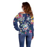 Hawaiian Turtles and Tropical Plants Off Shoulder Sweater Blue Watercolor LT03 - Polynesian Pride