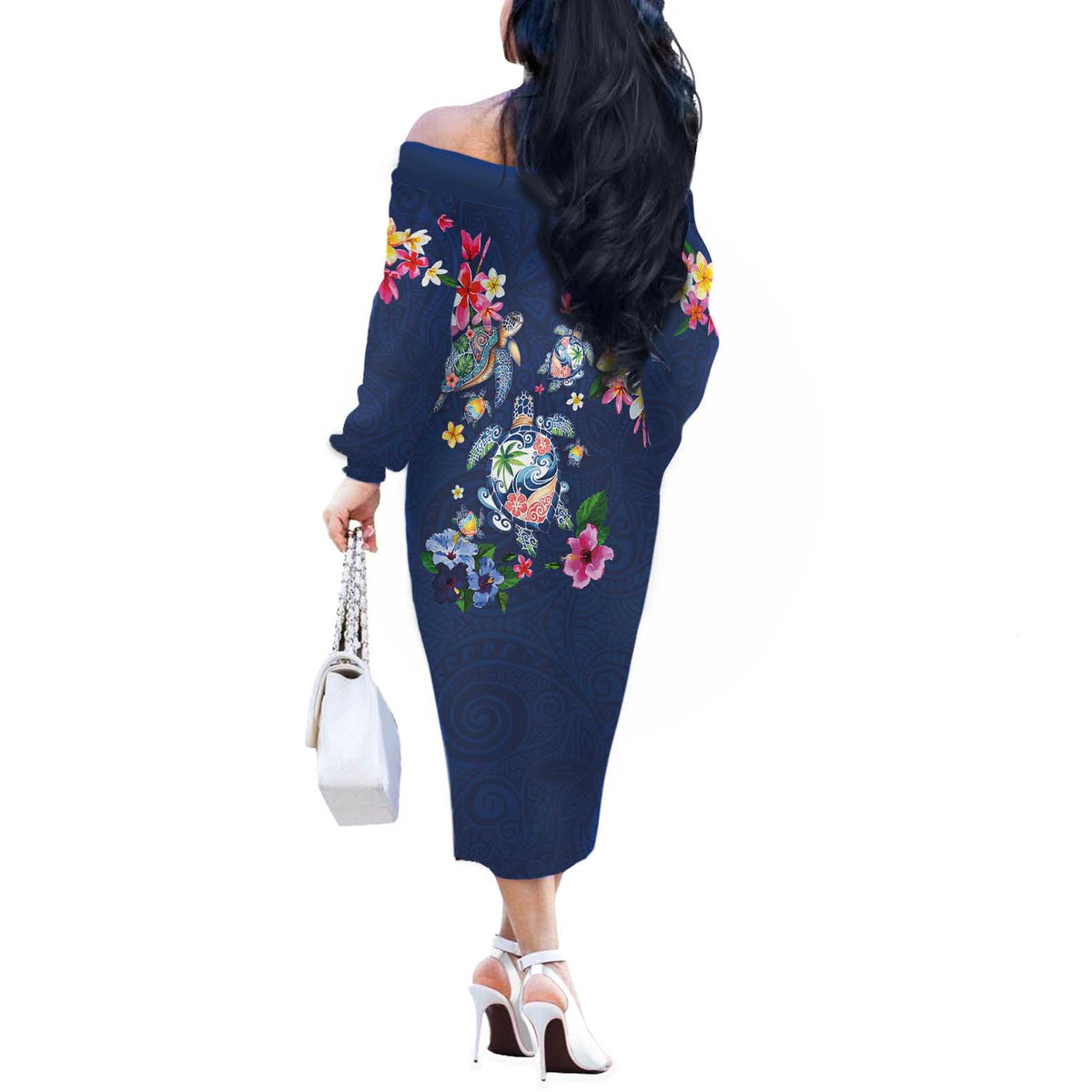 Hawaiian Turtles and Tropical Plants Off The Shoulder Long Sleeve Dress Blue Watercolor LT03 - Polynesian Pride