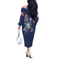 Hawaiian Turtles and Tropical Plants Off The Shoulder Long Sleeve Dress Blue Watercolor LT03 - Polynesian Pride