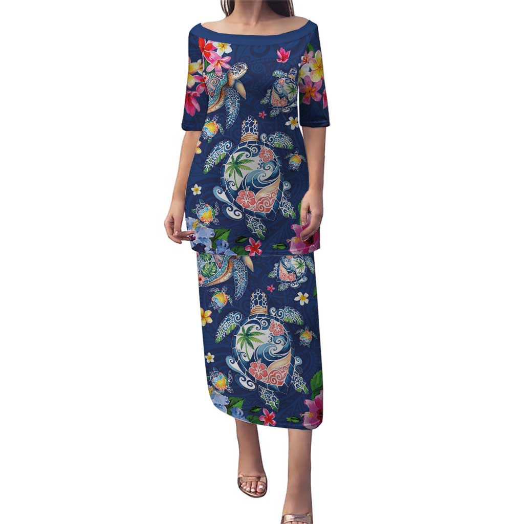 Hawaiian Turtles and Tropical Plants Puletasi Blue Watercolor LT03 Long Dress Blue - Polynesian Pride