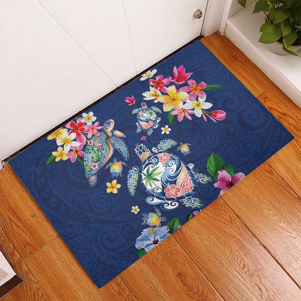 Hawaiian Turtles and Tropical Plants Rubber Doormat Blue Watercolor