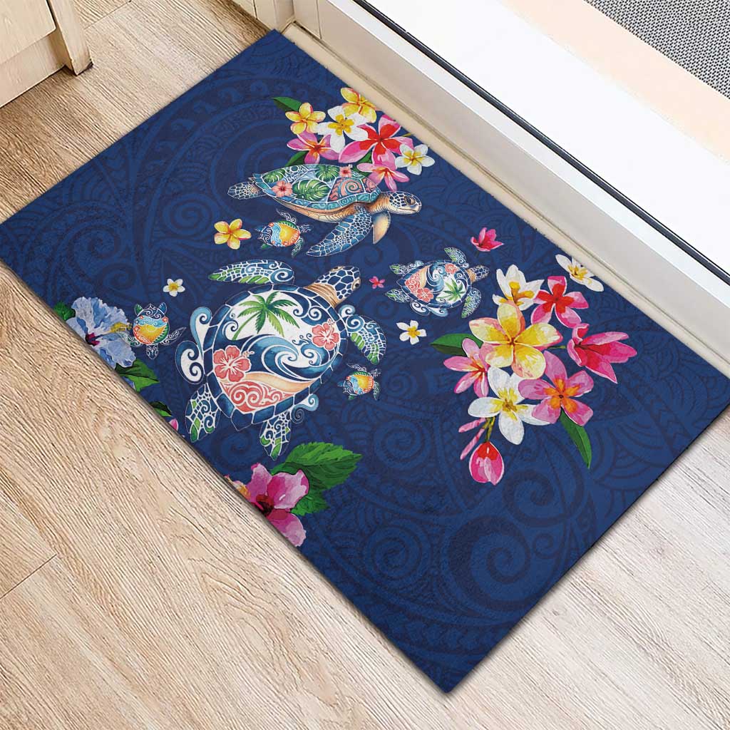 Hawaiian Turtles and Tropical Plants Rubber Doormat Blue Watercolor