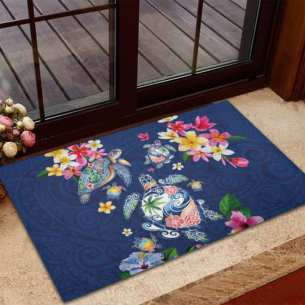 Hawaiian Turtles and Tropical Plants Rubber Doormat Blue Watercolor