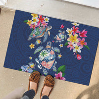 Hawaiian Turtles and Tropical Plants Rubber Doormat Blue Watercolor