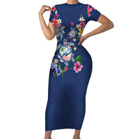 Hawaiian Turtles and Tropical Plants Short Sleeve Bodycon Dress Blue Watercolor