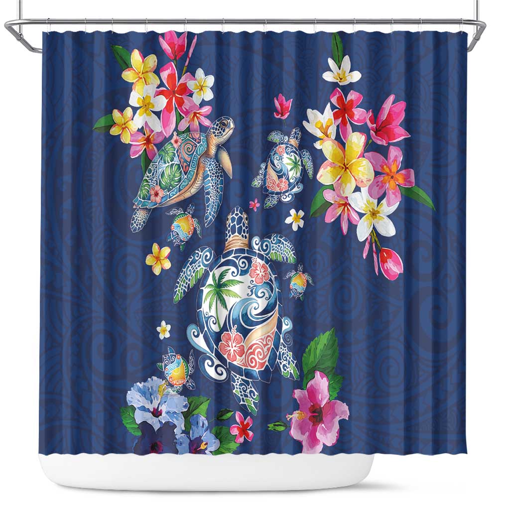 Hawaiian Turtles and Tropical Plants Shower Curtain Blue Watercolor