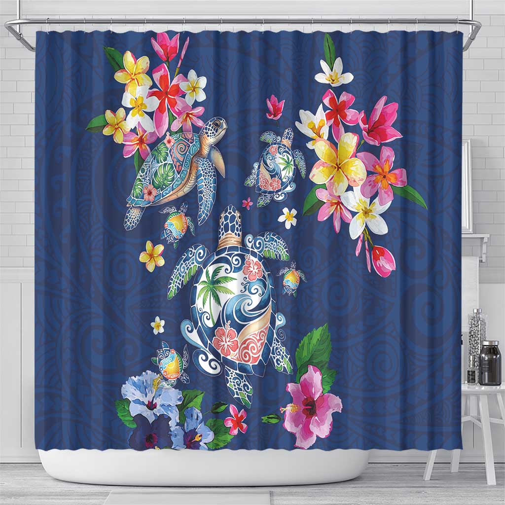 Hawaiian Turtles and Tropical Plants Shower Curtain Blue Watercolor