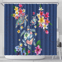 Hawaiian Turtles and Tropical Plants Shower Curtain Blue Watercolor