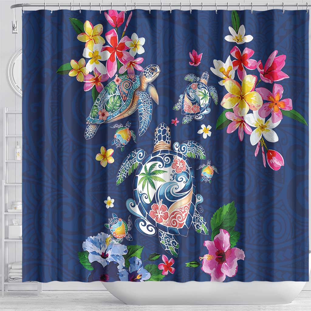Hawaiian Turtles and Tropical Plants Shower Curtain Blue Watercolor