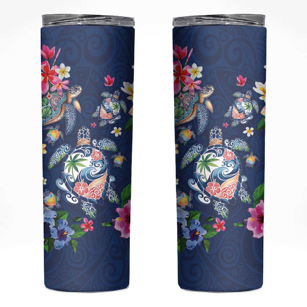 Hawaiian Turtles and Tropical Plants Skinny Tumbler Blue Watercolor LT03 Blue - Polynesian Pride