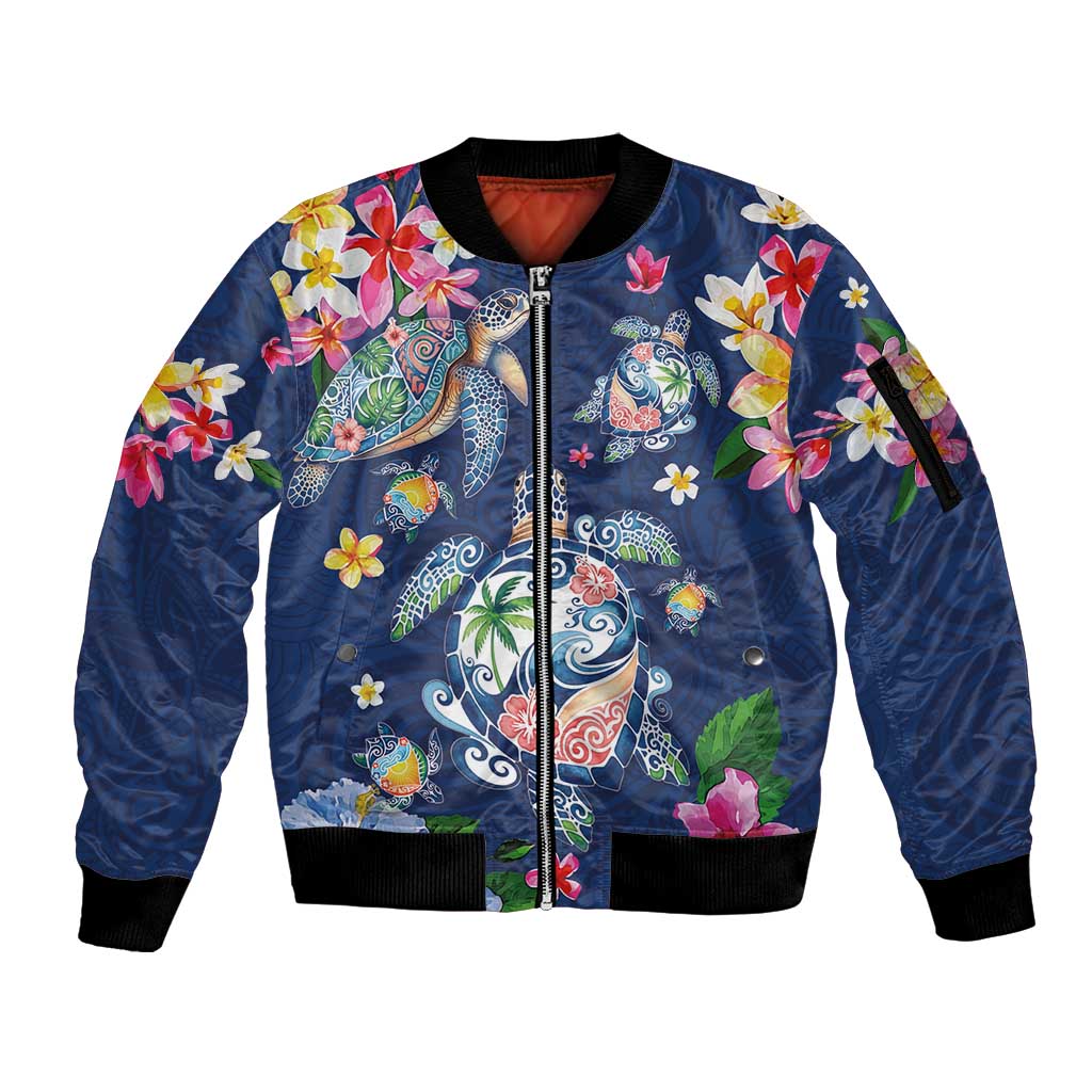 Hawaiian Turtles and Tropical Plants Sleeve Zip Bomber Jacket Blue Watercolor