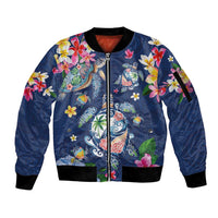 Hawaiian Turtles and Tropical Plants Sleeve Zip Bomber Jacket Blue Watercolor