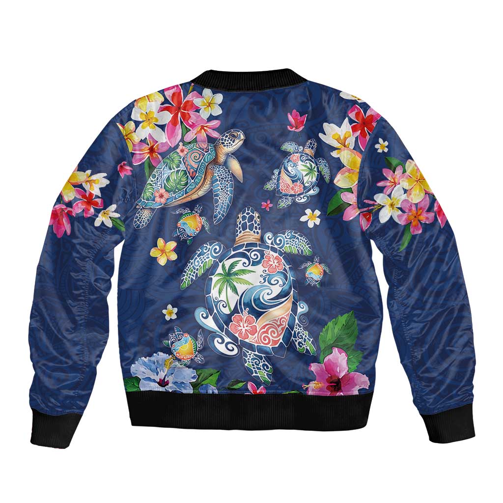 Hawaiian Turtles and Tropical Plants Sleeve Zip Bomber Jacket Blue Watercolor