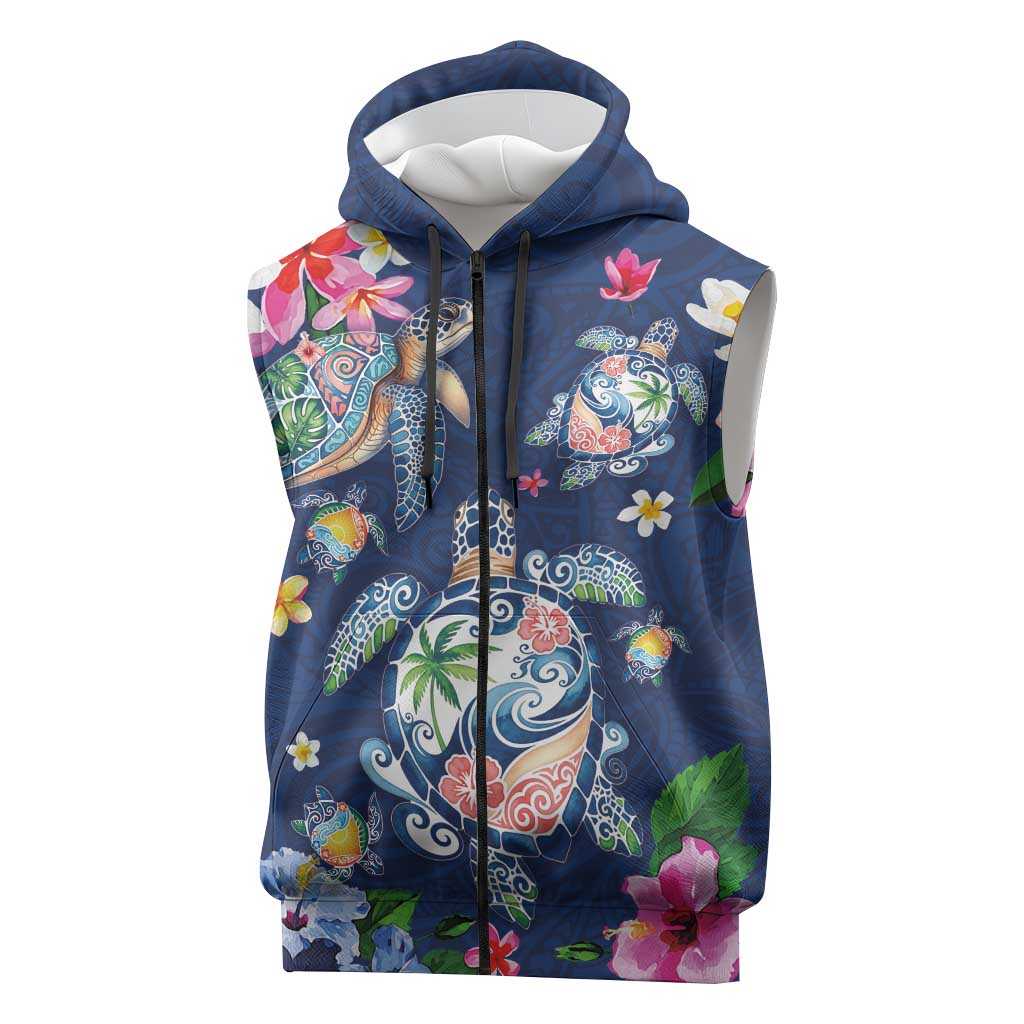Hawaiian Turtles and Tropical Plants Sleeveless Zip Hoodie Blue Watercolor LT03 Blue - Polynesian Pride