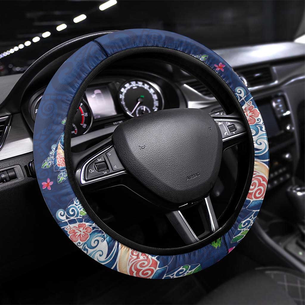 Hawaiian Turtles and Tropical Plants Steering Wheel Cover Blue Watercolor LT03 Universal Fit Blue - Polynesian Pride