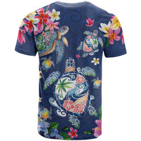 Hawaiian Turtles and Tropical Plants T Shirt Blue Watercolor