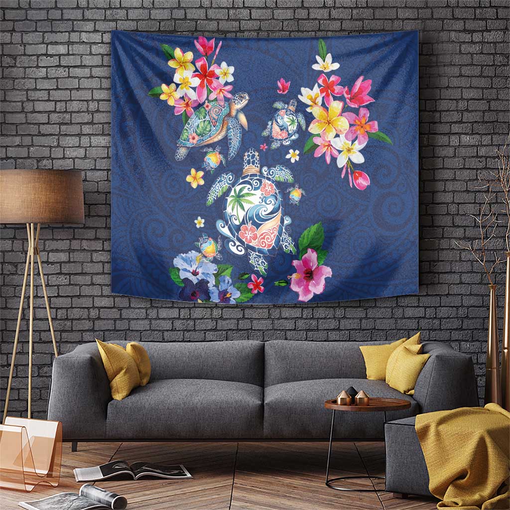 Hawaiian Turtles and Tropical Plants Tapestry Blue Watercolor