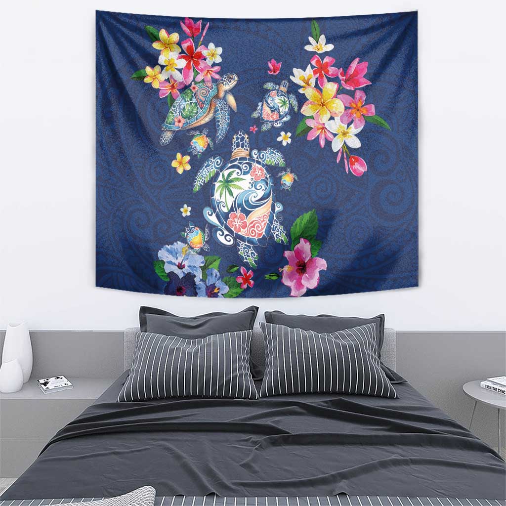 Hawaiian Turtles and Tropical Plants Tapestry Blue Watercolor