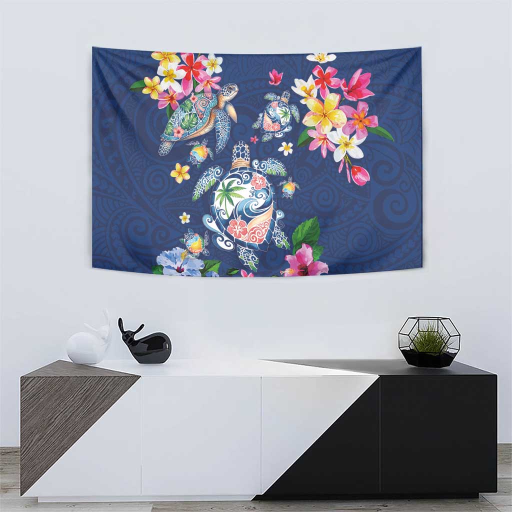 Hawaiian Turtles and Tropical Plants Tapestry Blue Watercolor