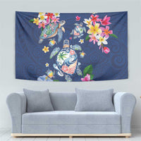 Hawaiian Turtles and Tropical Plants Tapestry Blue Watercolor