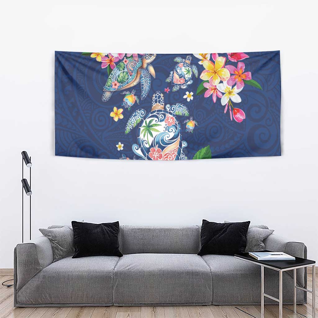 Hawaiian Turtles and Tropical Plants Tapestry Blue Watercolor