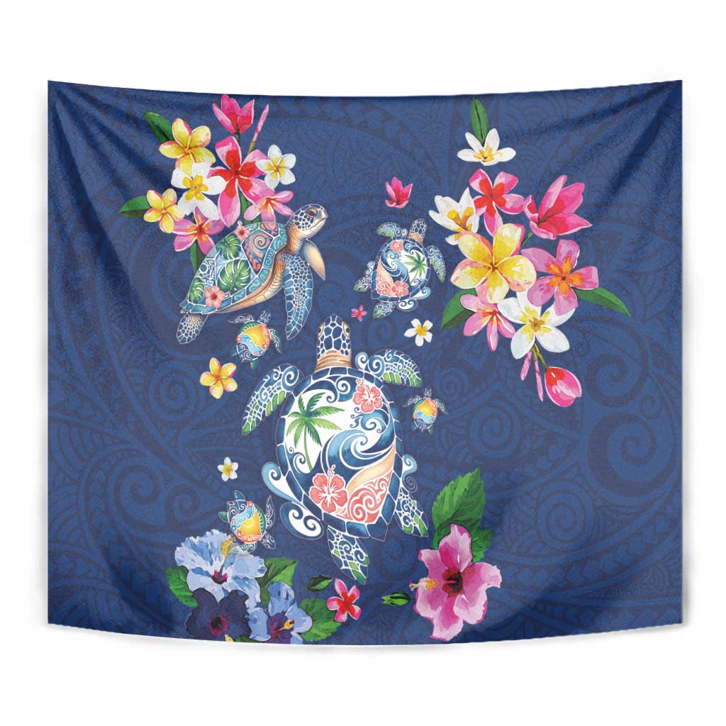 Hawaiian Turtles and Tropical Plants Tapestry Blue Watercolor
