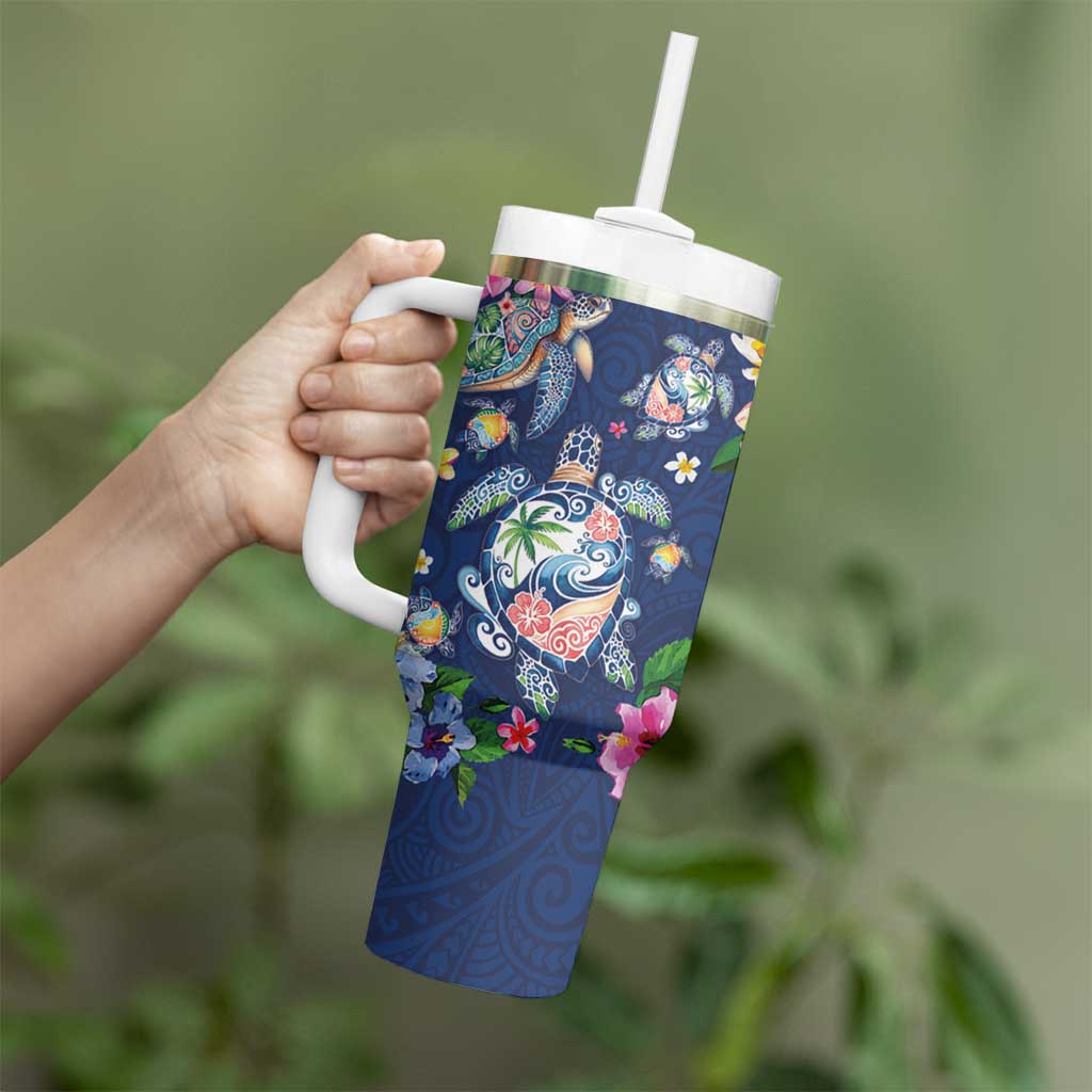 Hawaiian Turtles and Tropical Plants Tumbler With Handle Blue Watercolor
