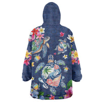 Hawaiian Turtles and Tropical Plants Wearable Blanket Hoodie Blue Watercolor