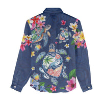 Hawaiian Turtles and Tropical Plants Women Casual Shirt Blue Watercolor LT03 - Polynesian Pride