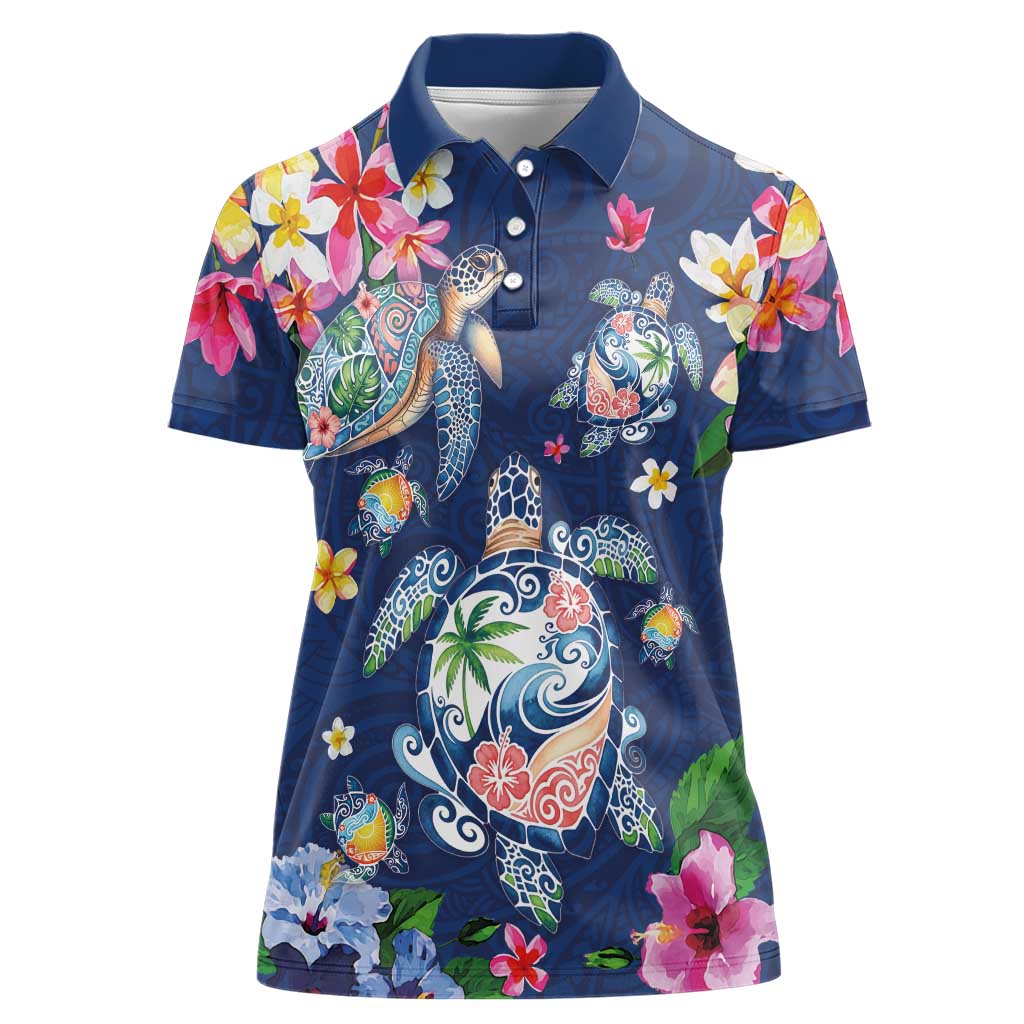 Hawaiian Turtles and Tropical Plants Women Polo Shirt Blue Watercolor LT03 Female Blue - Polynesian Pride