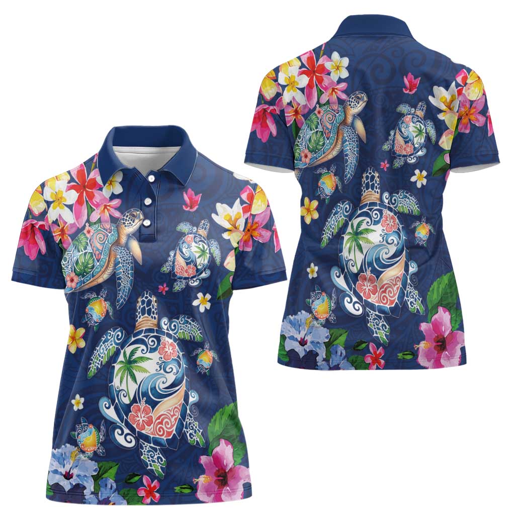 Hawaiian Turtles and Tropical Plants Women Polo Shirt Blue Watercolor LT03 - Polynesian Pride