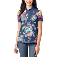 Hawaiian Turtles and Tropical Plants Women Polo Shirt Blue Watercolor LT03 - Polynesian Pride