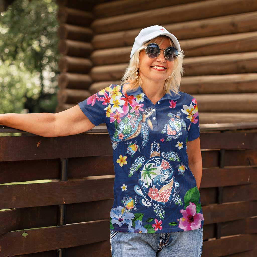 Hawaiian Turtles and Tropical Plants Women Polo Shirt Blue Watercolor LT03 - Polynesian Pride