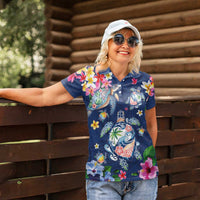 Hawaiian Turtles and Tropical Plants Women Polo Shirt Blue Watercolor LT03 - Polynesian Pride