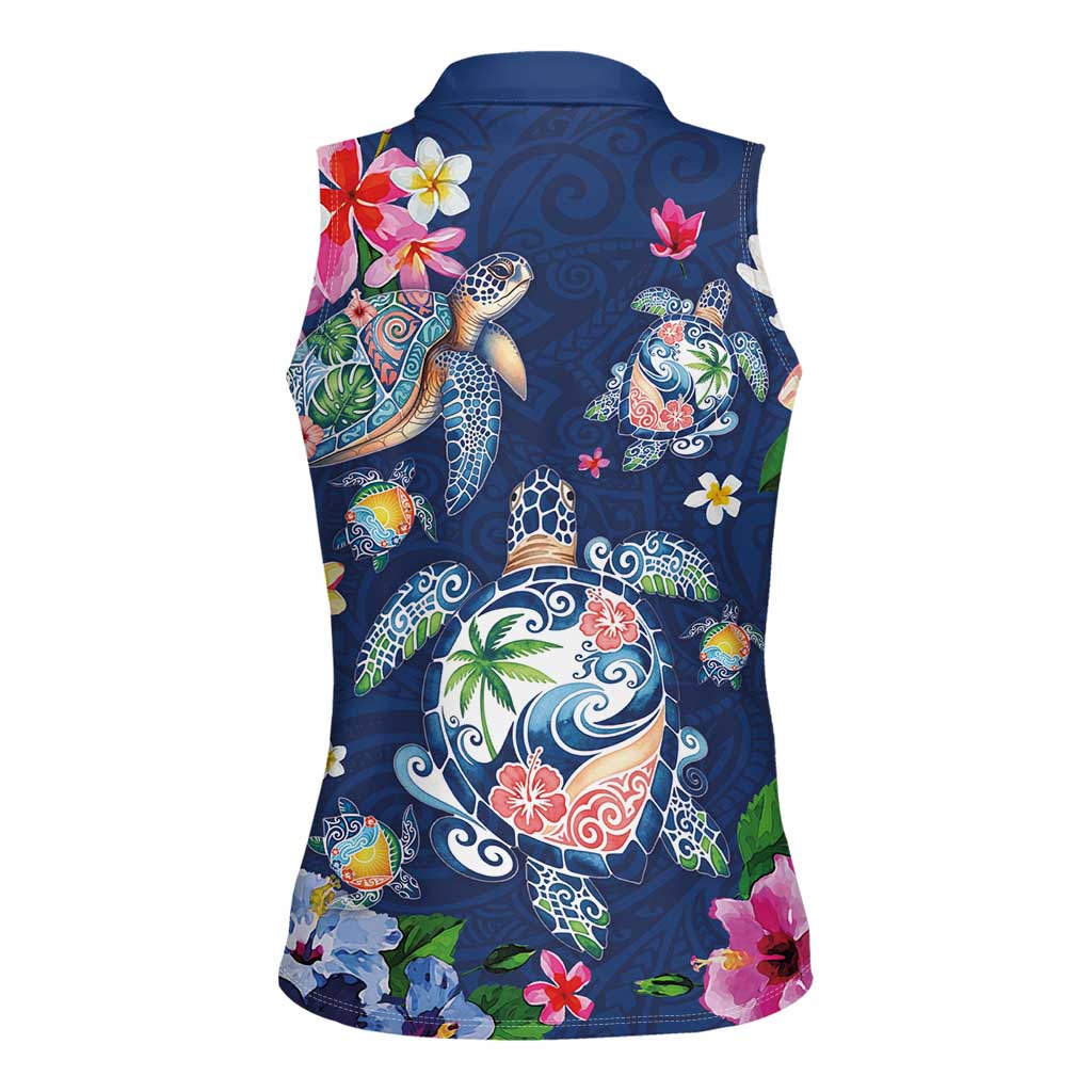 Hawaiian Turtles and Tropical Plants Women Sleeveless Polo Shirt Blue Watercolor LT03 - Polynesian Pride