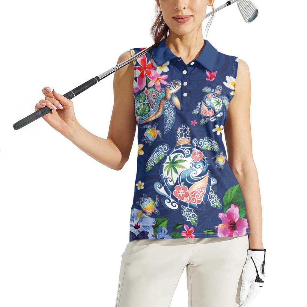 Hawaiian Turtles and Tropical Plants Women Sleeveless Polo Shirt Blue Watercolor LT03 - Polynesian Pride