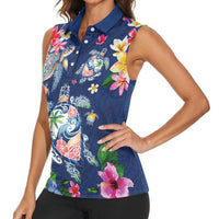 Hawaiian Turtles and Tropical Plants Women Sleeveless Polo Shirt Blue Watercolor LT03 - Polynesian Pride