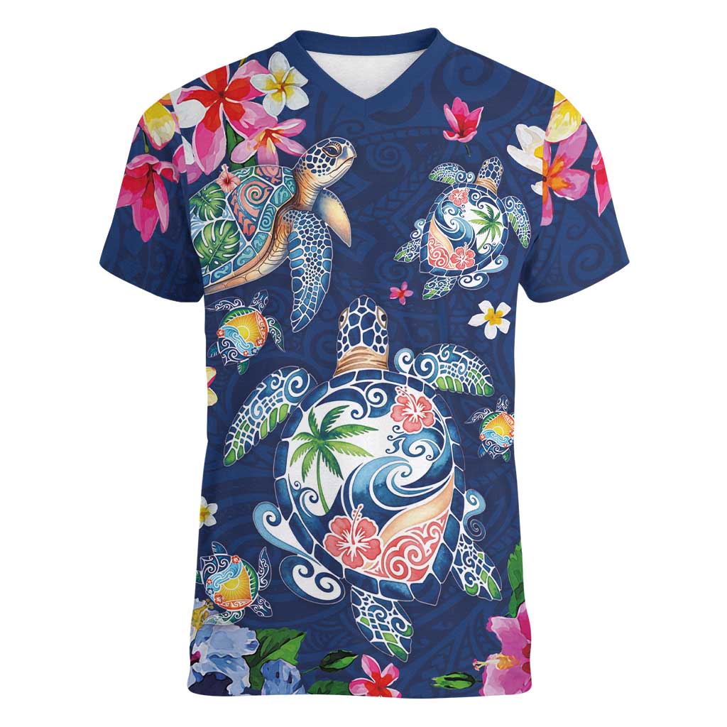 Hawaiian Turtles and Tropical Plants Women V-Neck T-Shirt Blue Watercolor LT03 Female Blue - Polynesian Pride