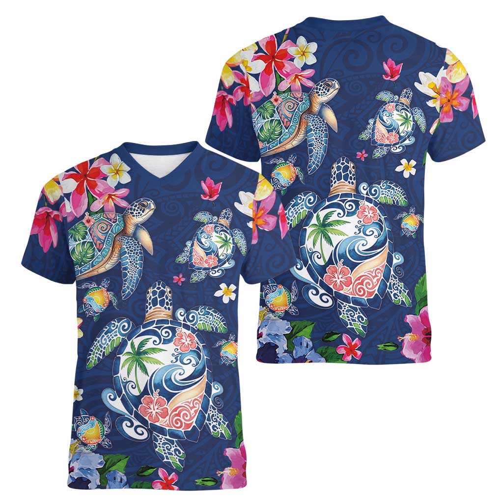 Hawaiian Turtles and Tropical Plants Women V-Neck T-Shirt Blue Watercolor LT03 - Polynesian Pride