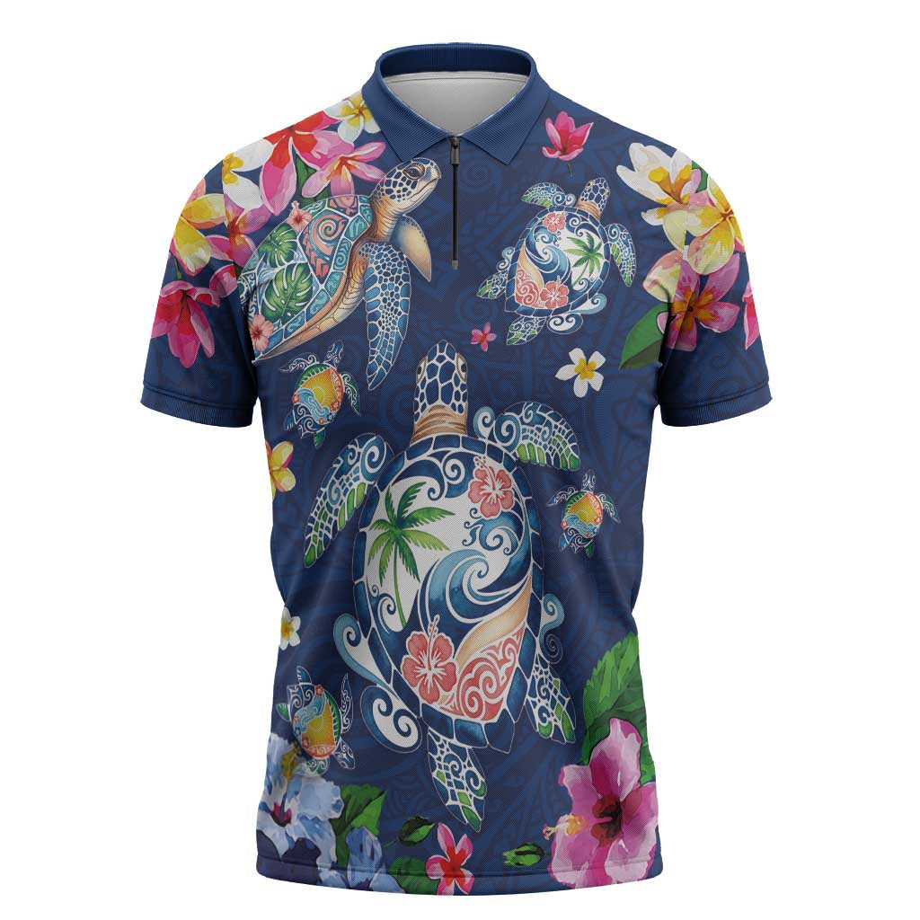 Hawaiian Turtles and Tropical Plants Zipper Polo Shirt Blue Watercolor