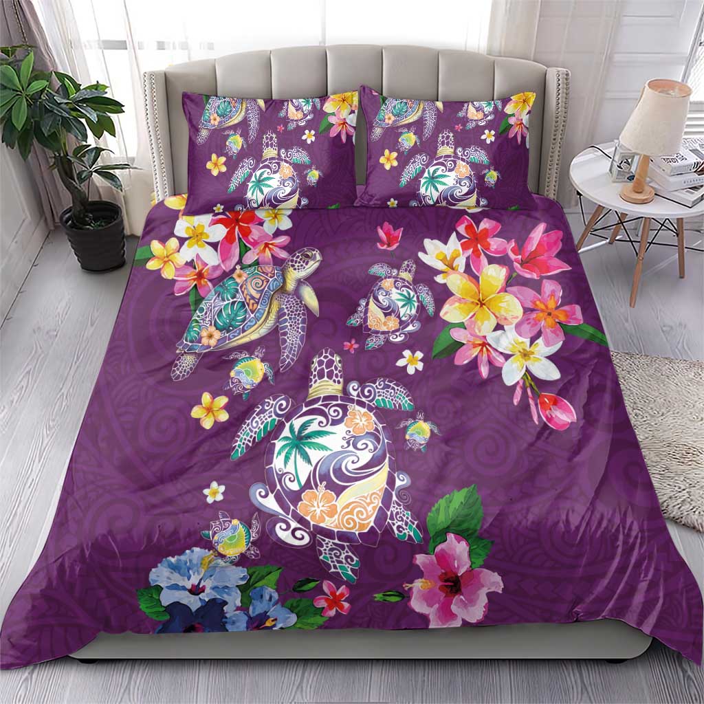 Hawaiian Turtles and Tropical Plants Bedding Set Purple Watercolor