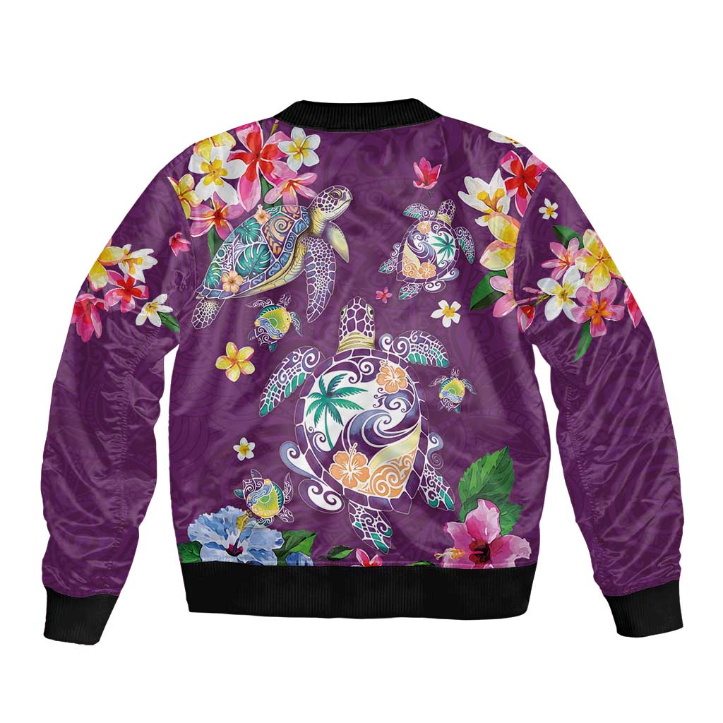 Hawaiian Turtles and Tropical Plants Bomber Jacket Purple Watercolor