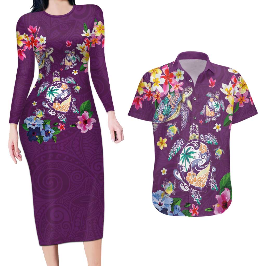 Hawaiian Turtles and Tropical Plants Couples Matching Long Sleeve Bodycon Dress and Hawaiian Shirt Purple Watercolor LT03 Purple - Polynesian Pride
