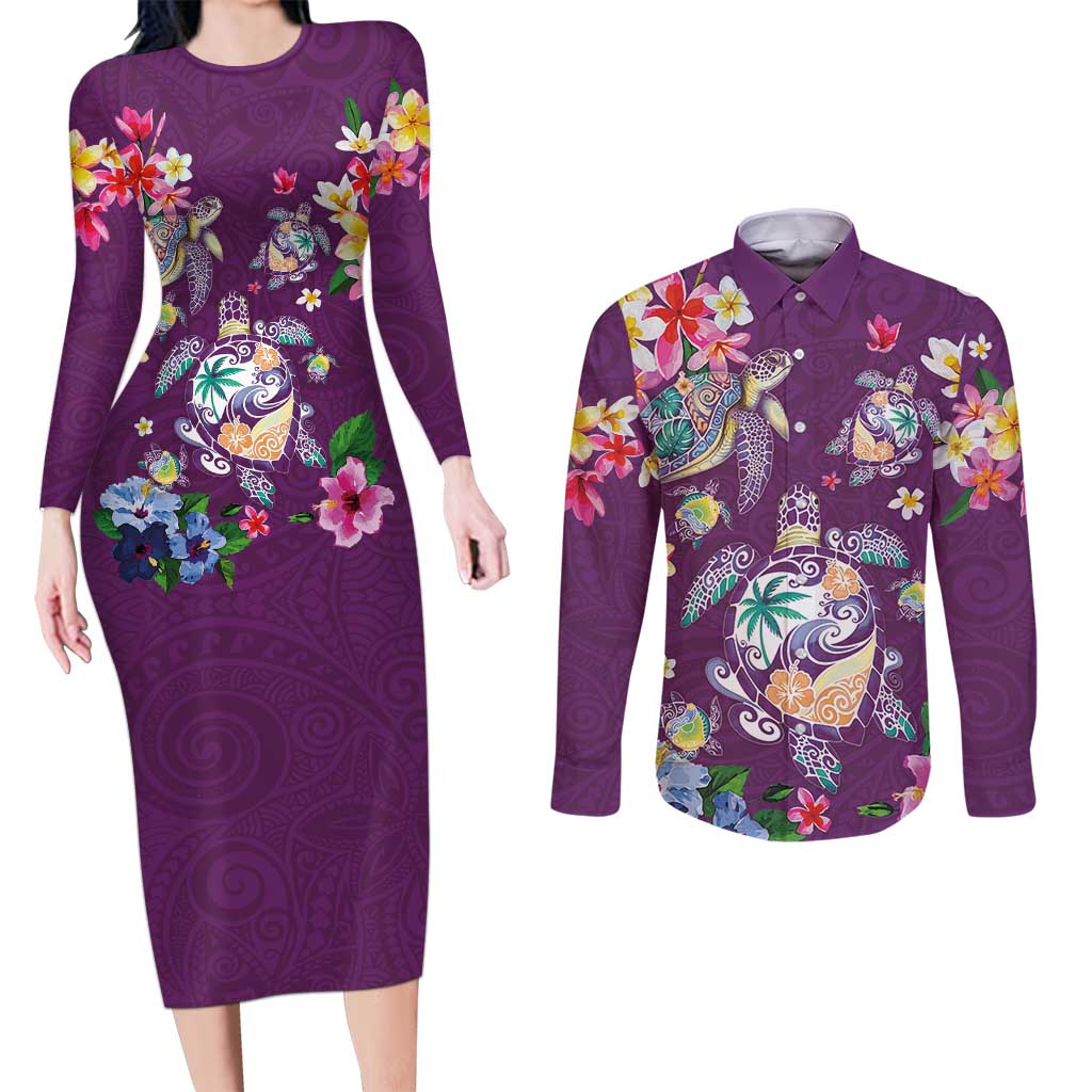 Hawaiian Turtles and Tropical Plants Couples Matching Long Sleeve Bodycon Dress and Long Sleeve Button Shirt Purple Watercolor