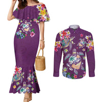 Hawaiian Turtles and Tropical Plants Couples Matching Mermaid Dress and Long Sleeve Button Shirt Purple Watercolor LT03 Purple - Polynesian Pride