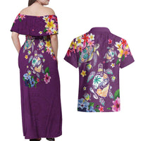 Hawaiian Turtles and Tropical Plants Couples Matching Off Shoulder Maxi Dress and Hawaiian Shirt Purple Watercolor